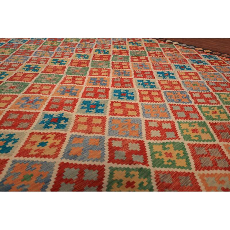 All-Over Trellis Kilim Area Rug Hand-Woven Wool Carpet - 8'9" x 11'4"