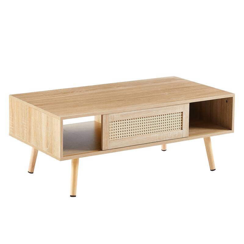 41.34" Rattan Coffee table, sliding door for storage, solid wood legs, Modern table