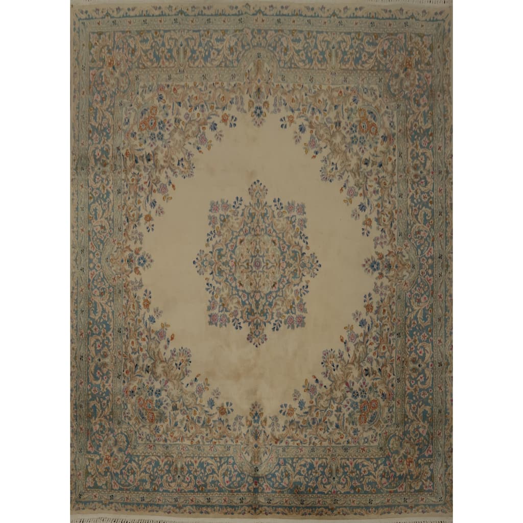 Hand Knotted Oriental 100% Wool Carpet Traditional Floral Beige & Ivories Kerman Area Rug - 8' 0'' X 7' 7''