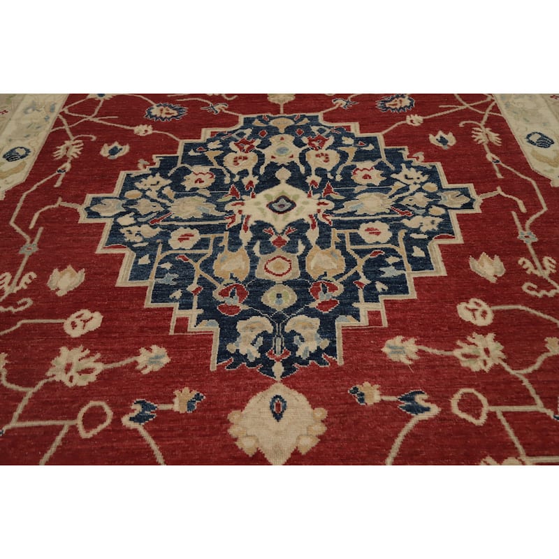 Hand Knotted Oriental 100% Wool Carpet Transitional Medallion Red Oushak Area Rug - 11' 10'' X 8' 11''