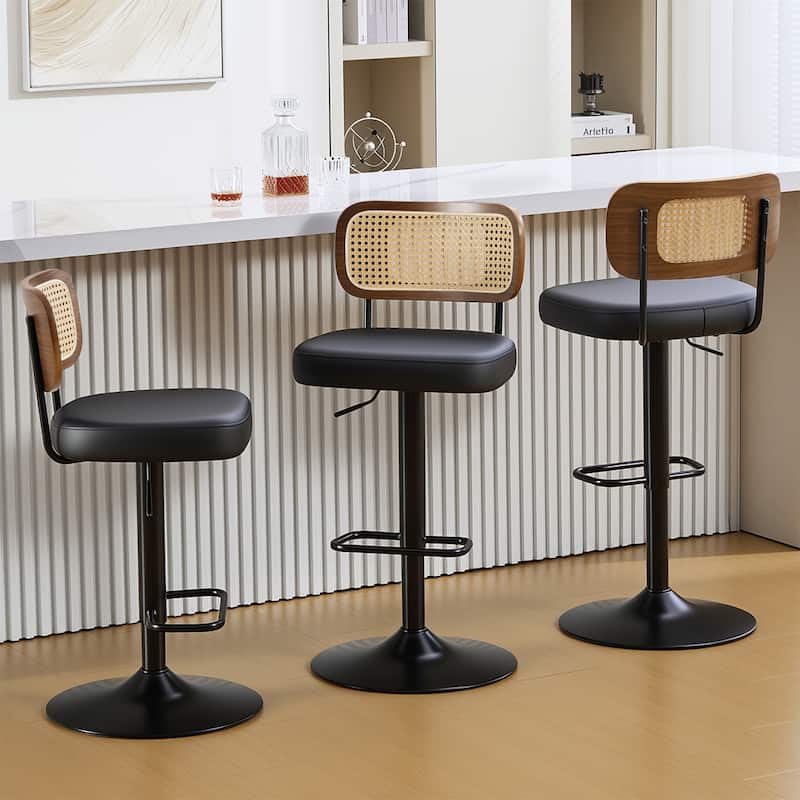 Adjustable Height Swivel Bar Stools with Back and Footrest - 17.7"W x 15.75"D x 35"-42.9"H - Set of 3 - Black-rattan back