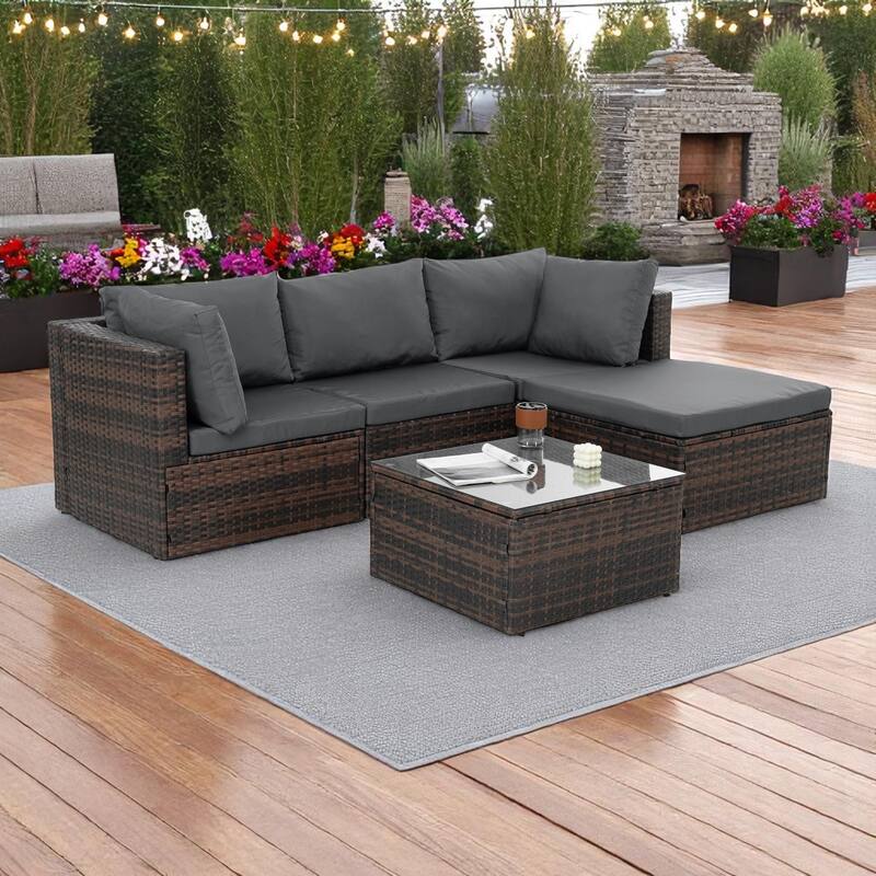 5-Piece Patio Furniture Set with PE Wicker Furniture set, Tempered Glass Table, Cushions with Zipper,Outdoor Furniture set