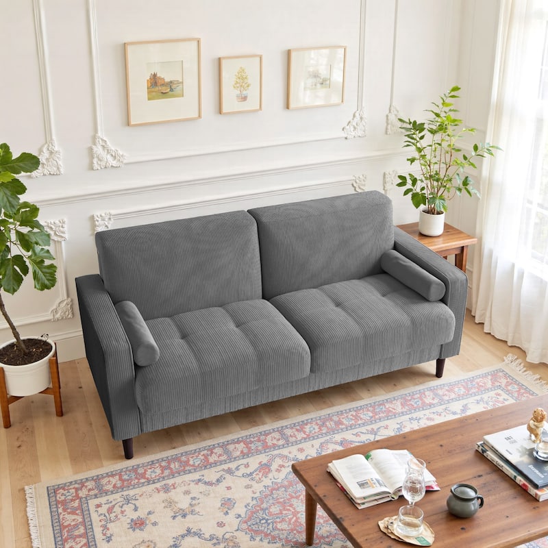 Modern Corduroy Upholstered Loveseat with Bolster Pillows and Wood Legs