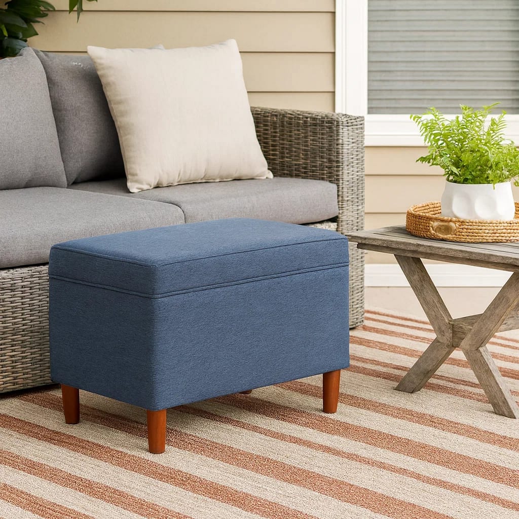 Fero Storage Ottoman, 24 Inch Rectangular Hinged Lid, Blue Upholstery