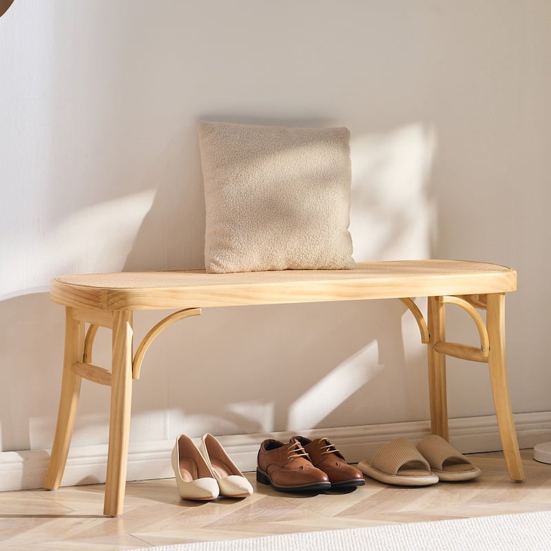 Rattan Wooden Bench for Entryway Living Room or Bedroom Seating - 43.3 x 14.5 x 18.4in