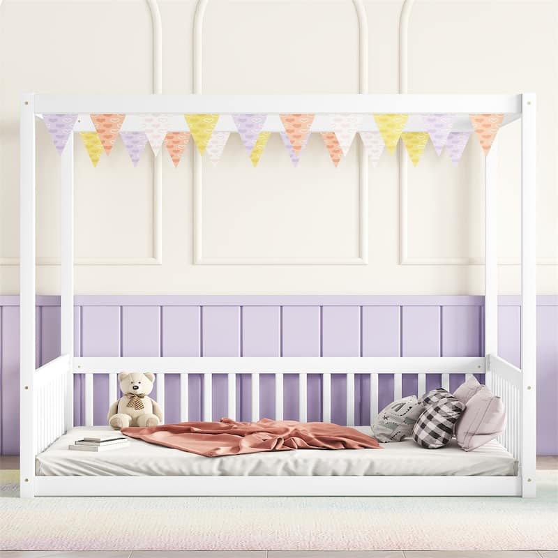 Full Size Canopy Frame Floor Bed with Fence,Guardrails
