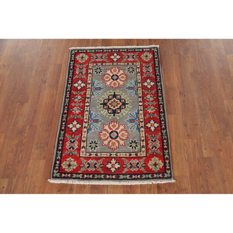 Geometric Kazak Oriental Accent Rug Handmade Grey Wool Carpet - 2'0"x 2'11"
