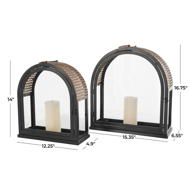 Metal Arched Indoor Outdoor Candle Lantern with Cane Inspired Gold Tops - Set of 2 Black - Roche River Decor