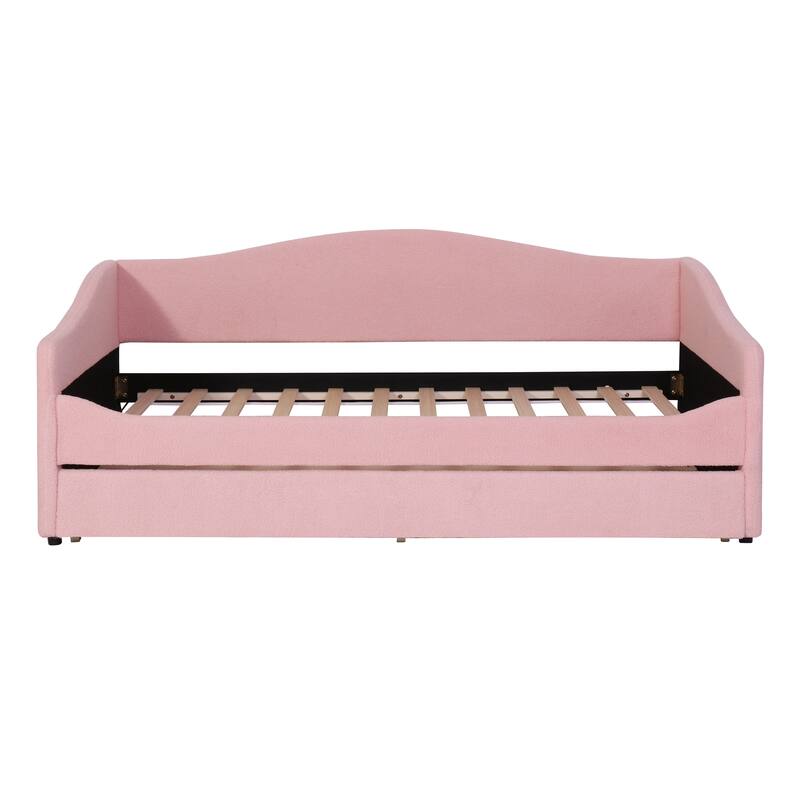 Twin Size Curve Design Daybed Comfort & Soft Teddy Fleece Upholstered Daybed with LED Light & Trundle Bed, Wood Slat Support