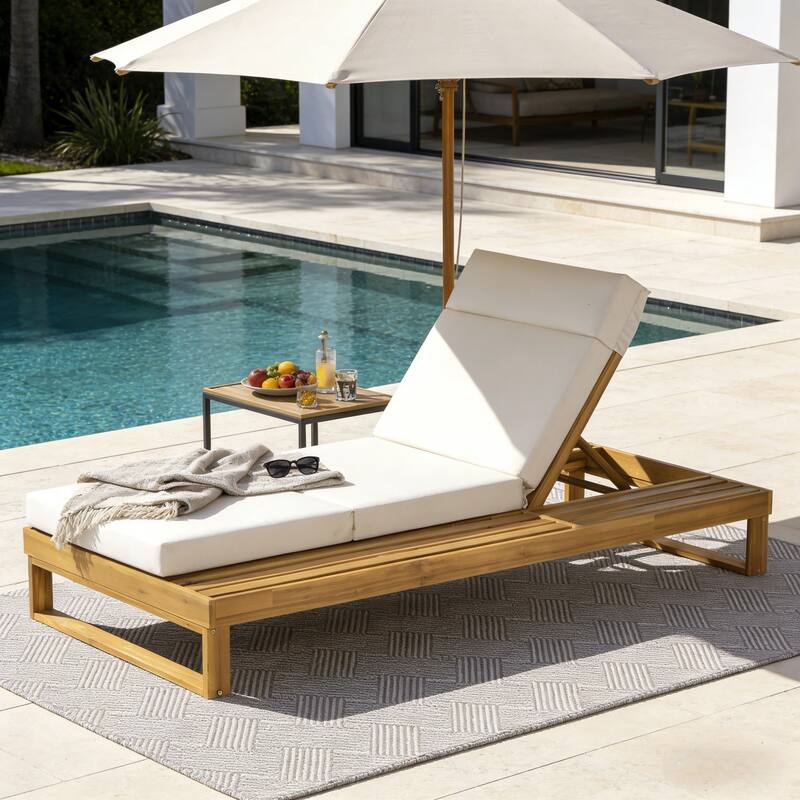 Christopher Knight Home - Modern Outdoor Acacia Wood Chaise Lounge with 4-Position Adjustable Backrest & 4-Fold Cushion