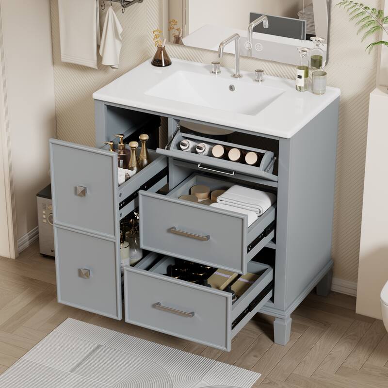 30" Bathroom Vanity with Ceramic Sink, Flip-Out Drawer, Soft Close Doors & Drawers Cabinet with Solid Wood Legs