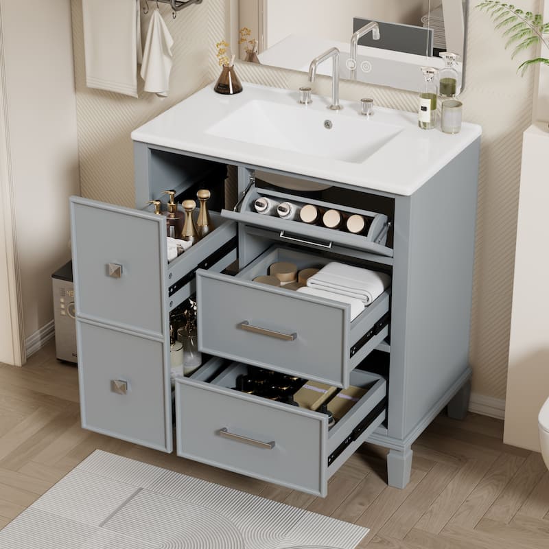 30 Inch Bathroom Vanity with Ceramic Sink, Flip-Out Drawer Design for Plumbing, Painted MDF Cabinet with Solid Wood Legs - Grey