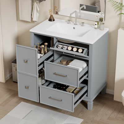 30 Inch Bathroom Vanity with Ceramic Sink, Flip-Out Drawer Design for Plumbing, Painted MDF Cabinet with Solid Wood Legs