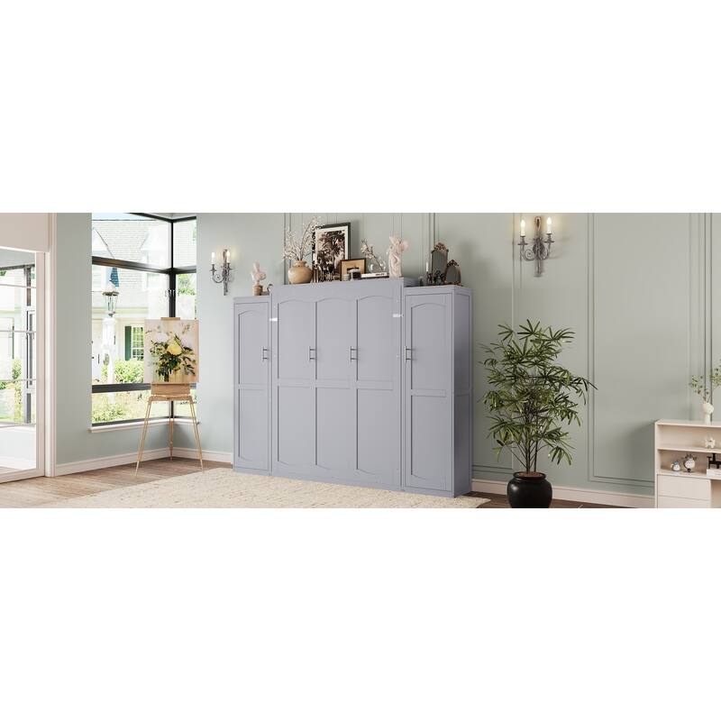 Wooden Full Size Murphy Bed with 2 Wardrobe and Storage Shelf