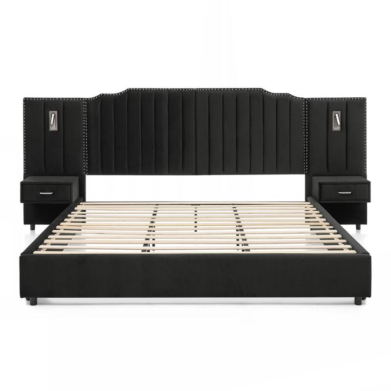 King Size Upholstered Bed Frame with Velvet Fabric