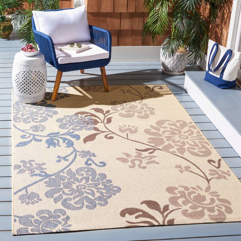 SAFAVIEH Courtyard Vernelle Arvyda Outdoor Waterproof Patio Backyard Rug - 6'7" x 9'6" - Natural Brown/Blue