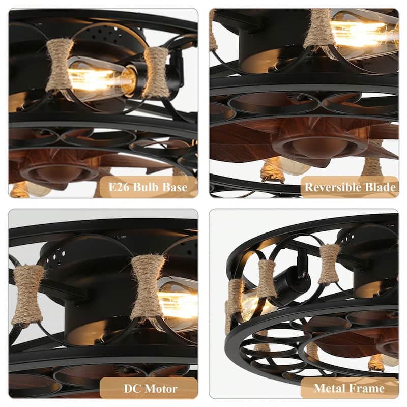 Cusp Barn 20-inch Farmhouse Cage Ceiling Fan with Remote, Low Profile Flush Mount Rope Light Fixture, 6 Speeds Fan for Bedroom