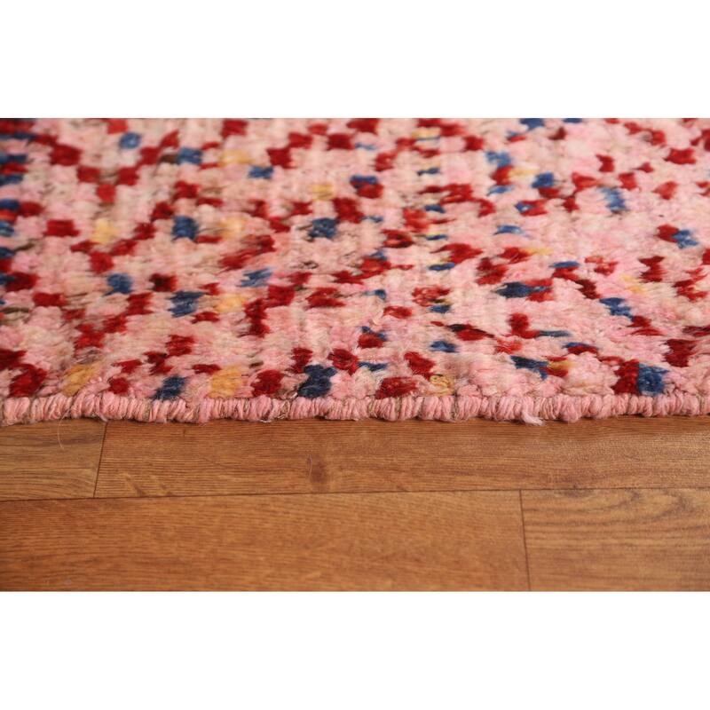 Hand Knotted Oriental 100% Wool Carpet Modern Checkered Pink Moroccan Area Rug - 8' 2'' X 5' 5''