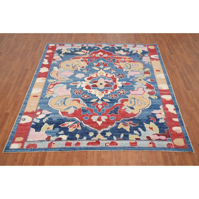 Hand Knotted Oriental 100% Wool Carpet Transitional Floral Navy Blue & Blues Oushak Area Rug - 8' 0'' X 7' 10''
