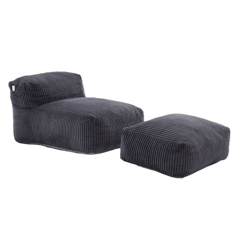 Corduroy Upholstered Lounger Large Ergonomic Support Compressed Bean Bag Sofa with Ottoman