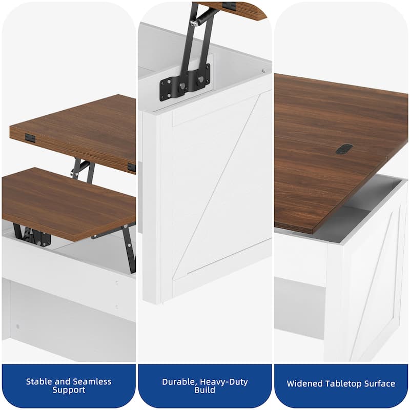 Moasis Wood Lift-Top Coffee Table Wheeled Dinning Center Table Set with Padded Ottoman