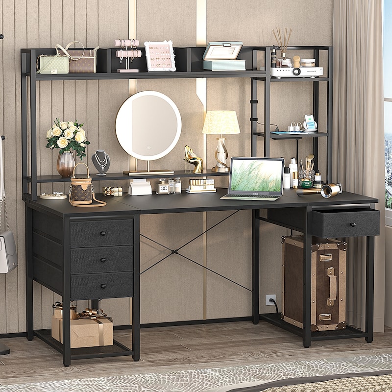 Gaming Desk with Hutch and Drawers, Office Computer Desk with Charge Station and LED Light - 55'' - Black
