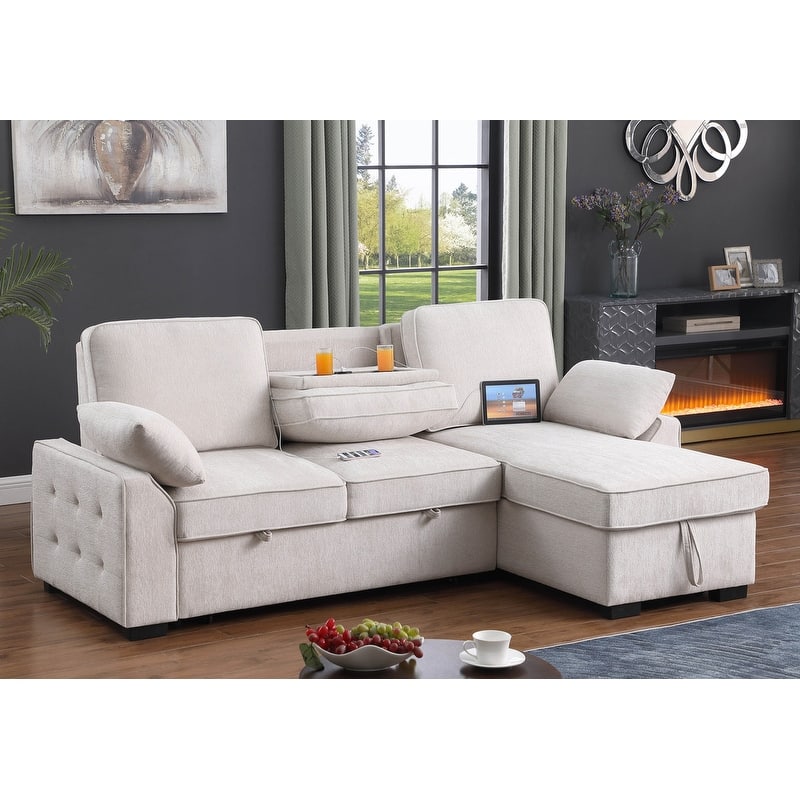 Mackenzie 91"W Chenille Fabric Reversible Sleeper Sectional with Storage Chaise, Drop-Down Table, Cup Holders & Charging Ports