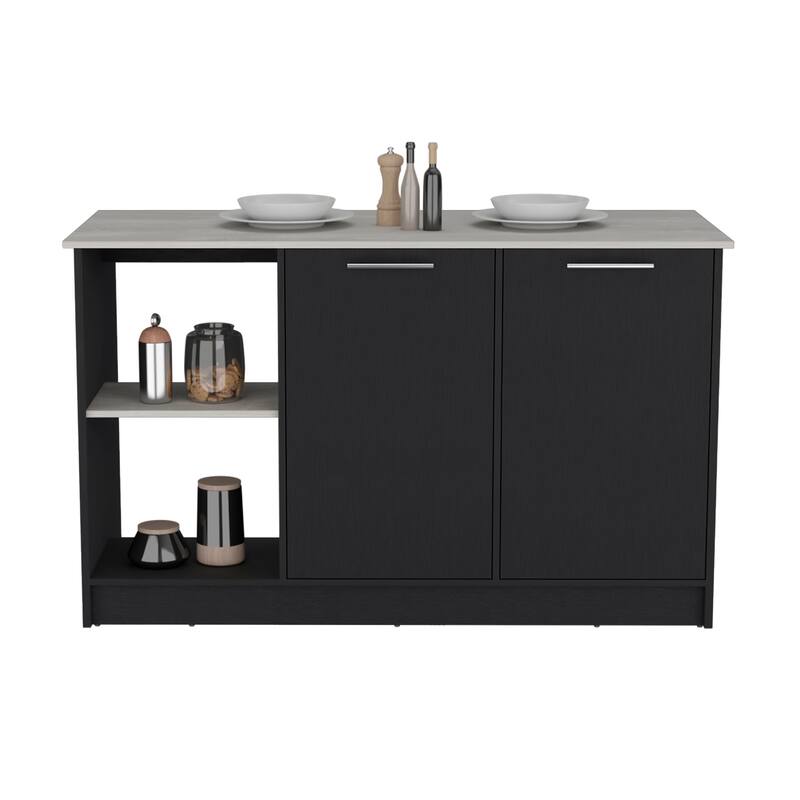 Kitchen Island with Large Countertop, Open Storage Shelves and Double Door Cabinet