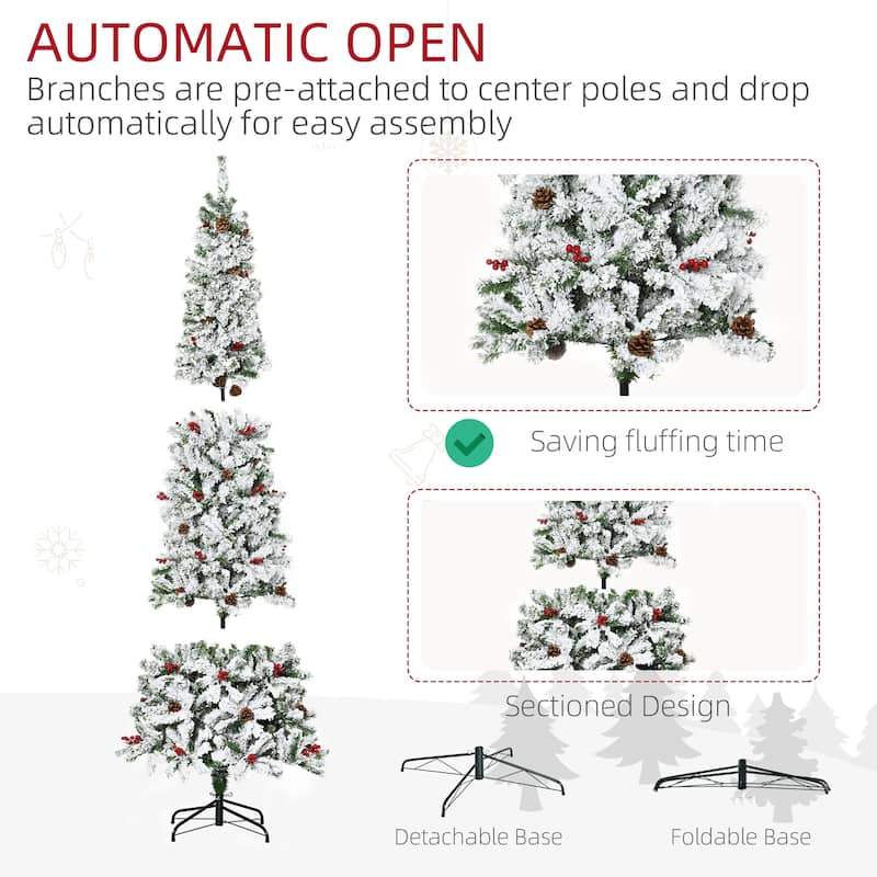 HOMCOM Snow Flocked Pencil Christmas Tree - Realistic Pine Branches, Pine Cones, Red Berries, Auto Open, Green