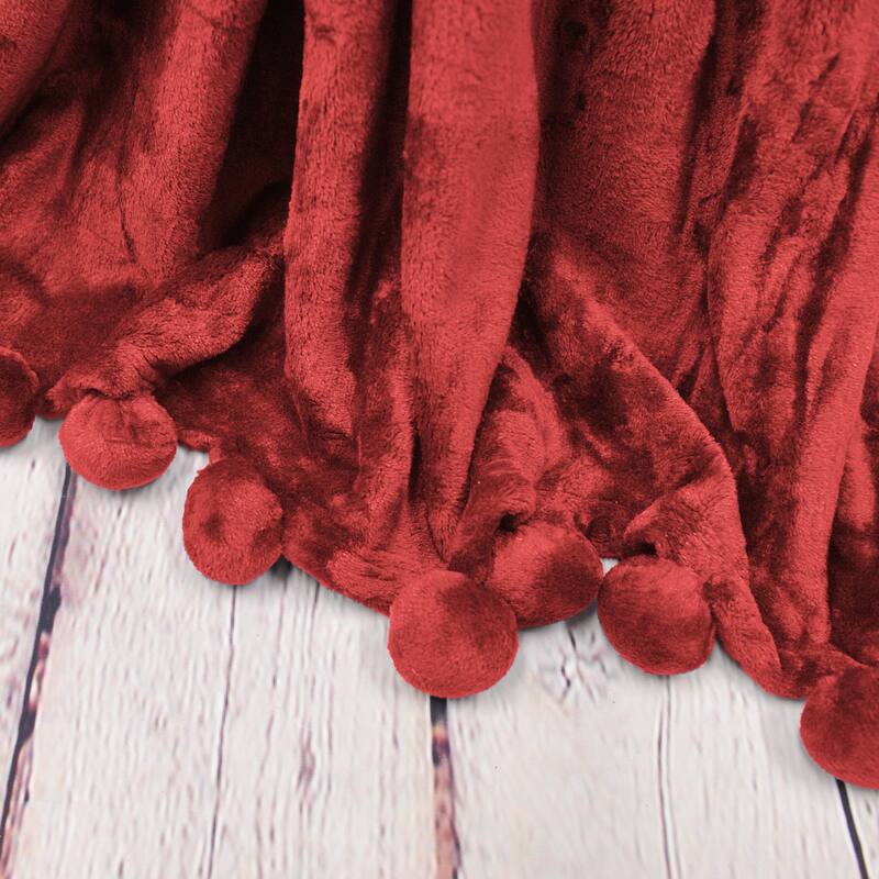 Pompom Flannel Fleece Throw