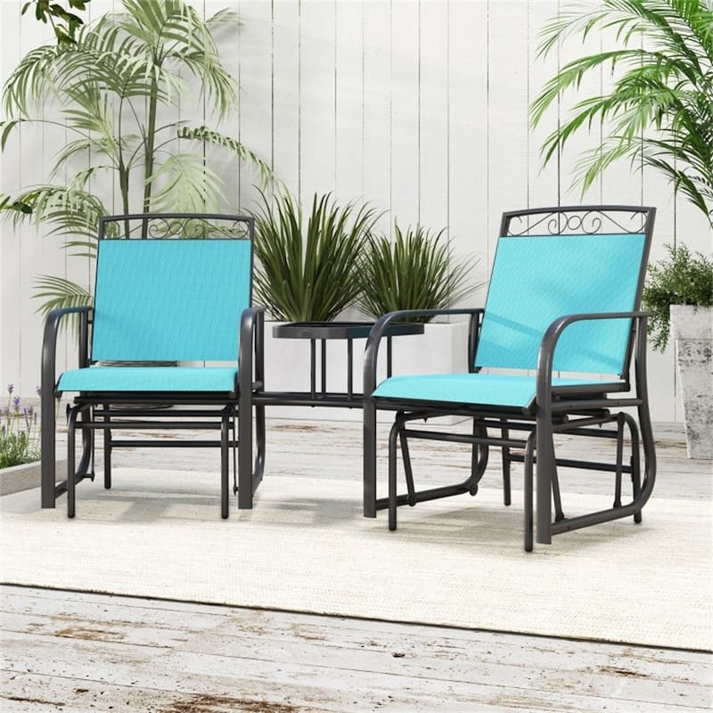 Two Seater Outdoor Glider with Table Steel Frame Tempered Glass and Mesh Fabric - 76.75" L x 33.75" W x 35.75" H