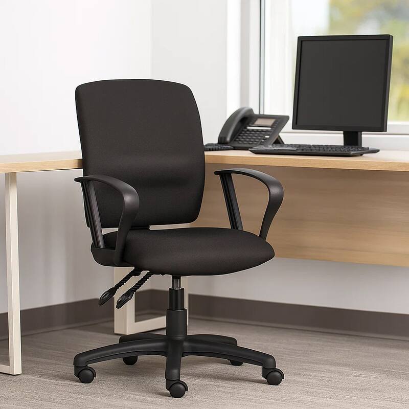 Zean Swivel Task Chair, Loops Arms, Black Crepe Fabric, Rolling