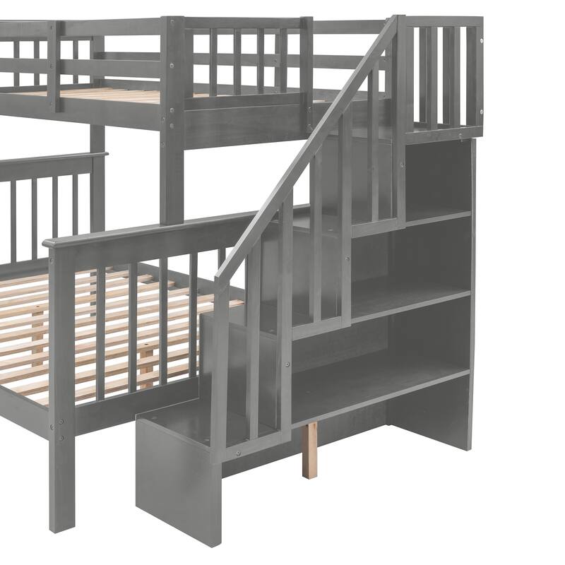 Twin-Over-Full Bunk Bed with Storage Drawer, Guard Rail, and Staircase for Bedroom or Dorm