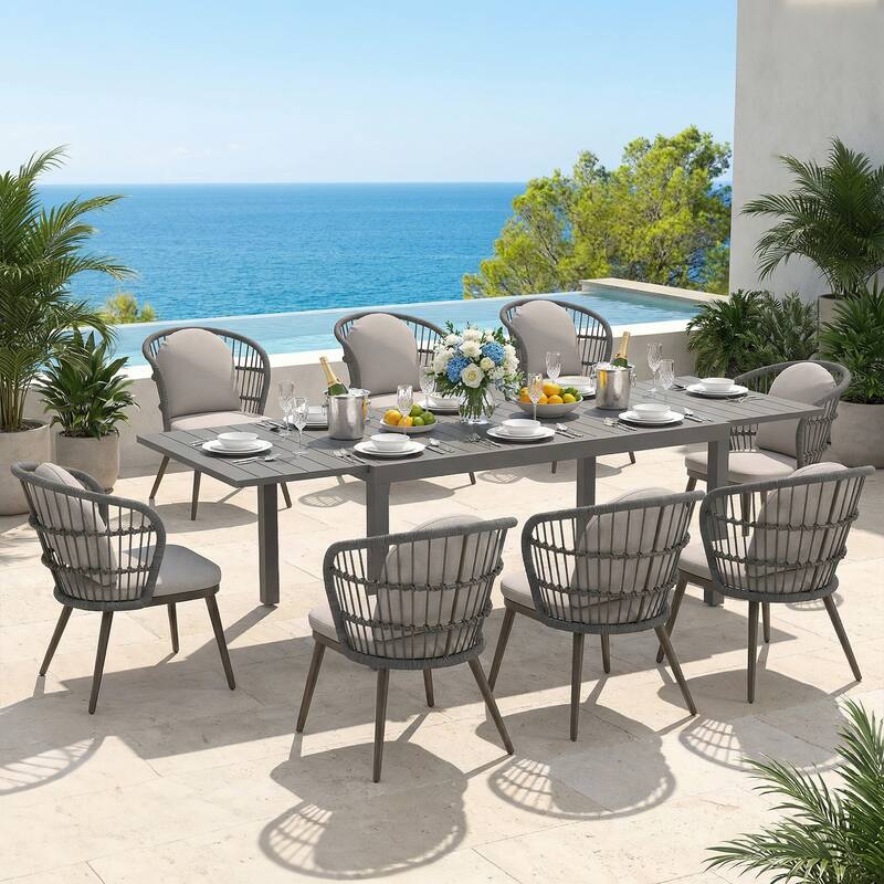 9-Piece Rope-Woven Aluminum Outdoor Dining Set with Extendable Table - Beige