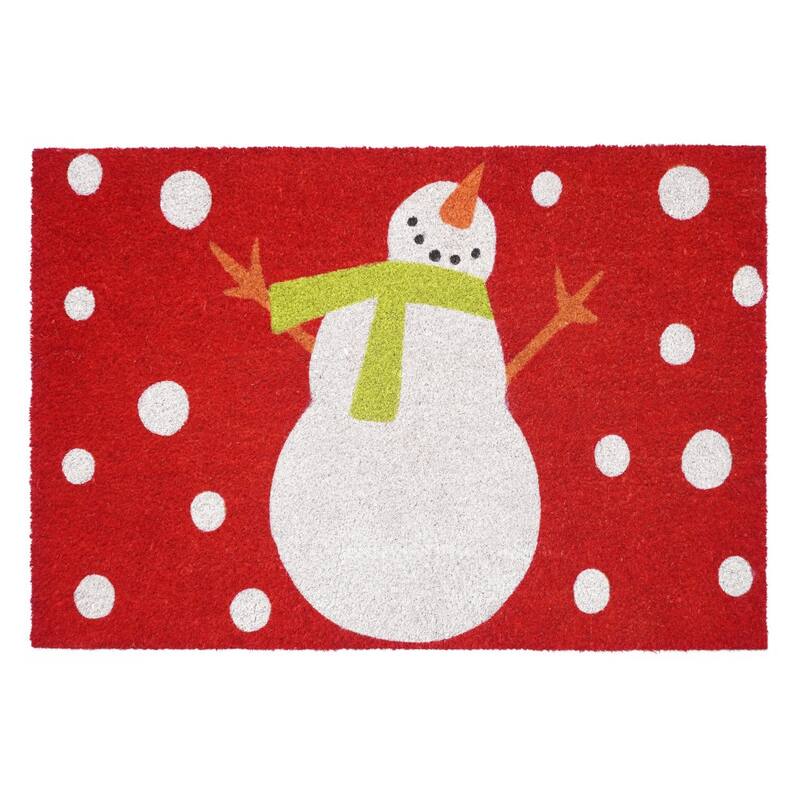 HomeRoots 17" X 29" Red And Christmas Snowman Outdoor Coir Door Mat - 17.00' X '29.00