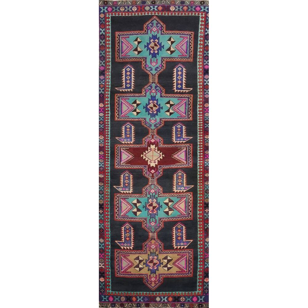 Hand Knotted Oriental 100% Wool Carpet Traditional Tribal Navy Blue & Blues Ardebil Runner Rug - 10' 0'' X 3' 2''