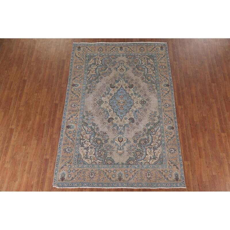 Hand Knotted Oriental 100% Wool Carpet Traditional Floral Beige & Ivories Tabriz Area Rug - 9' 5'' X 6' 5''
