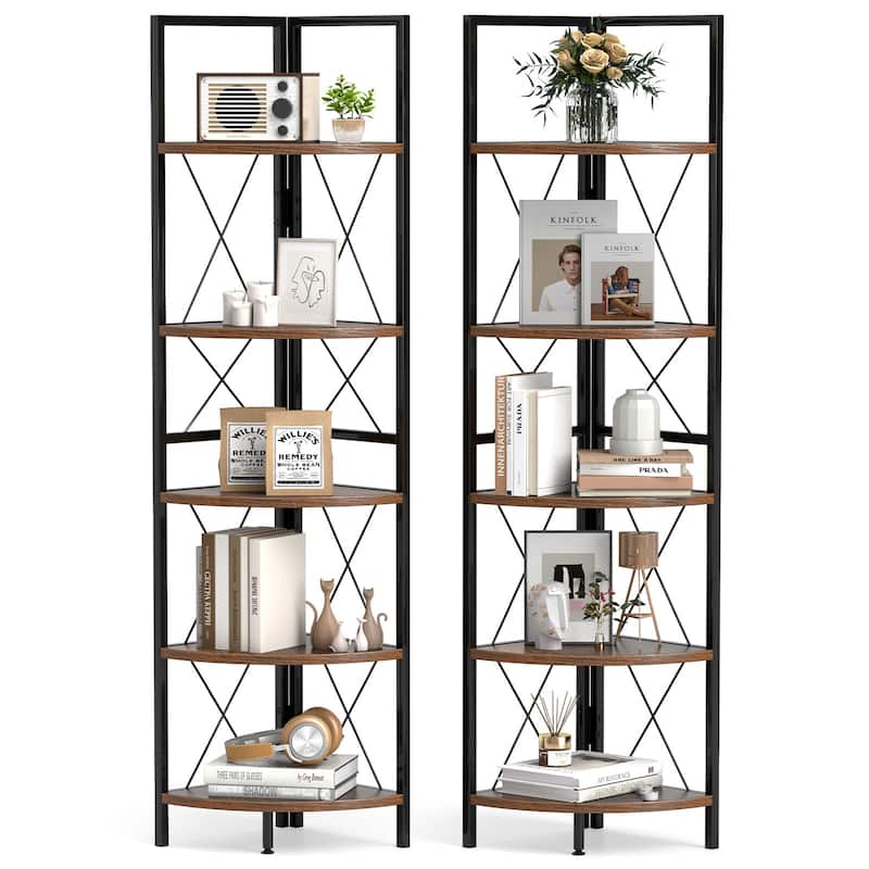 Gymax 2 PCS 5-tier Corner Display Rack Corner Ladder Bookshelf w/ - Brown & Black
