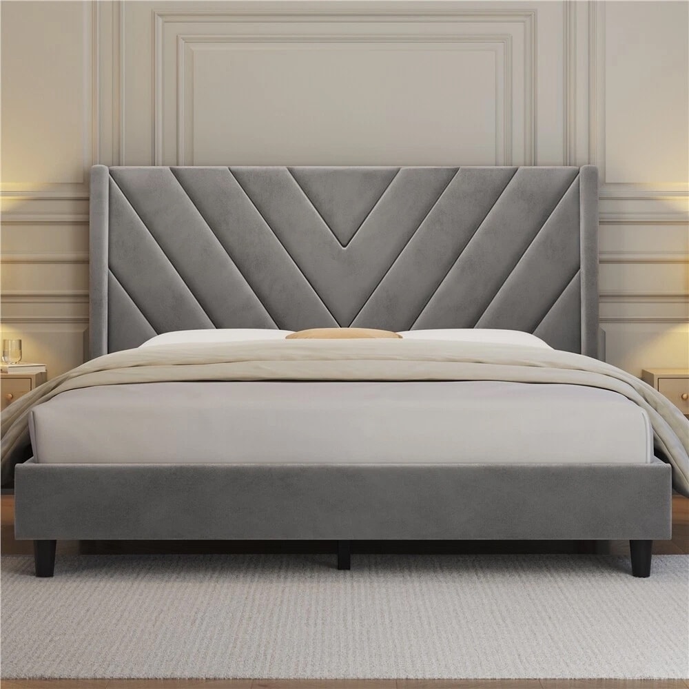 Full Upholstered Bed Frame Wooden Slat Support Wing Side Light Gray