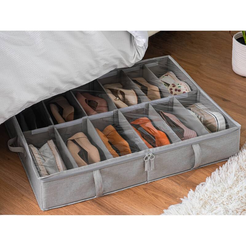 2-Pack Underbed Shoe Storage Organizer with Adjustable Dividers, 24 Pairs Fabric Shoe Storage Box - 30" W x 24.5" D x 5.25" H