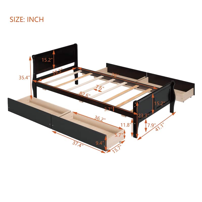 Solid Wood Platform Bed, 4 Drawers, Streamlined Headboard, Space-Saving ...
