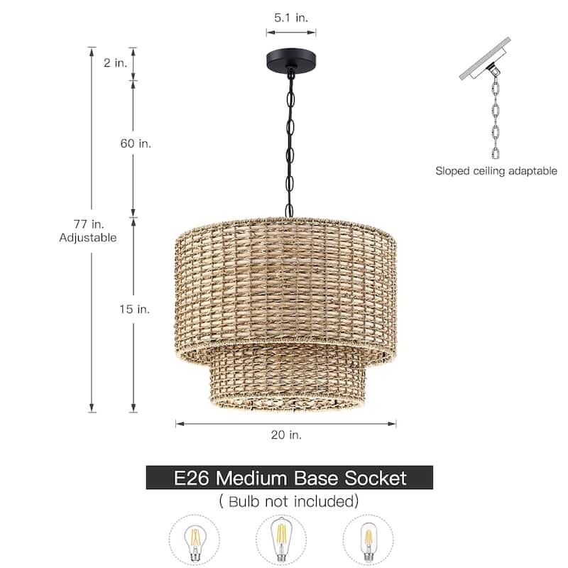 Lennie 20 in. 4-Light Rattan Tiered Drum Chandelier Light with Black Canopy - 20 in. W - 20 in. W