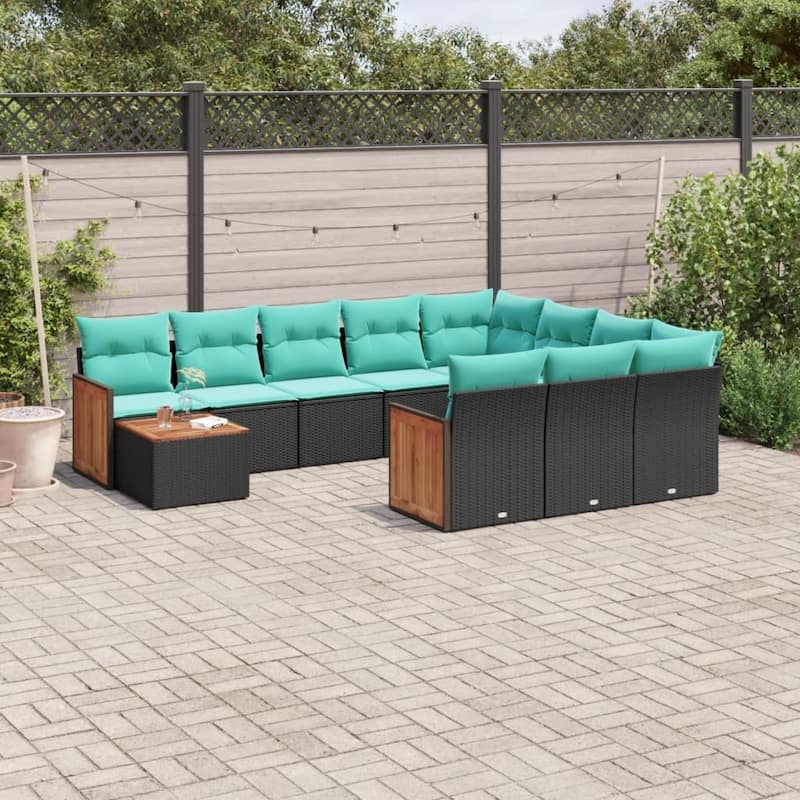 vidaXL 11 Piece Patio Sofa Set with Cushions Black Poly Rattan - 21.7x27.2x24.4