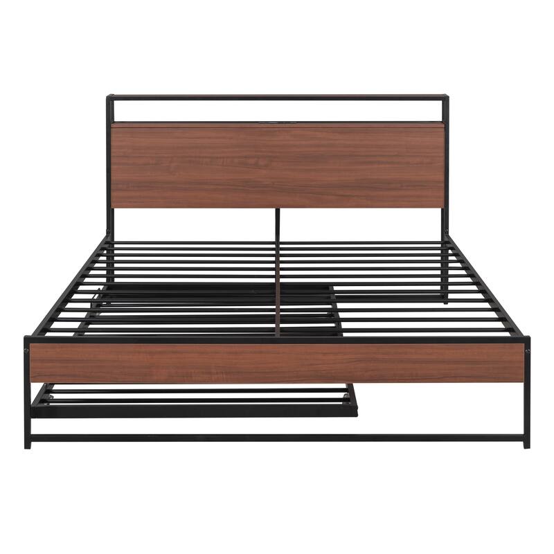 Full/Queen Platform Bed Frame with Trundle, USB Ports and Steel Slat Support, Metal and Wooden Bed Frame with Storage Headboard