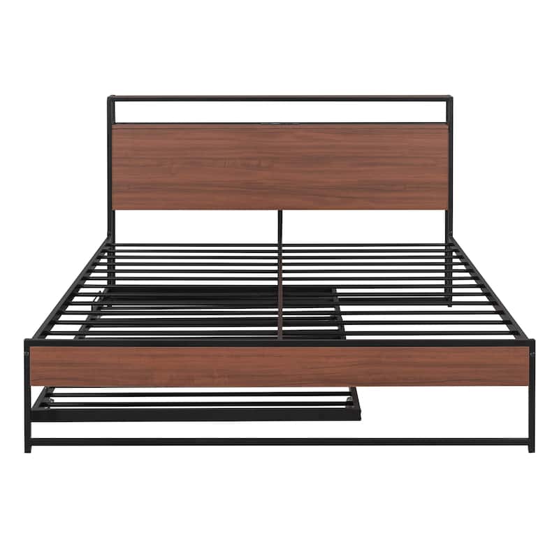 Queen Metal Platform Bed with Trundle, USB & Wood Headboard