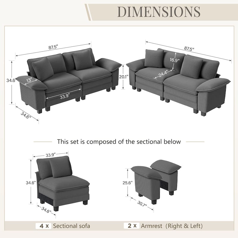 MAISON ARTS 2-Piece Chenille & Corduroy Sofa Set, Comfy 3/4/5-Seater Modular Loveseat & Armchair with Throw Pillows