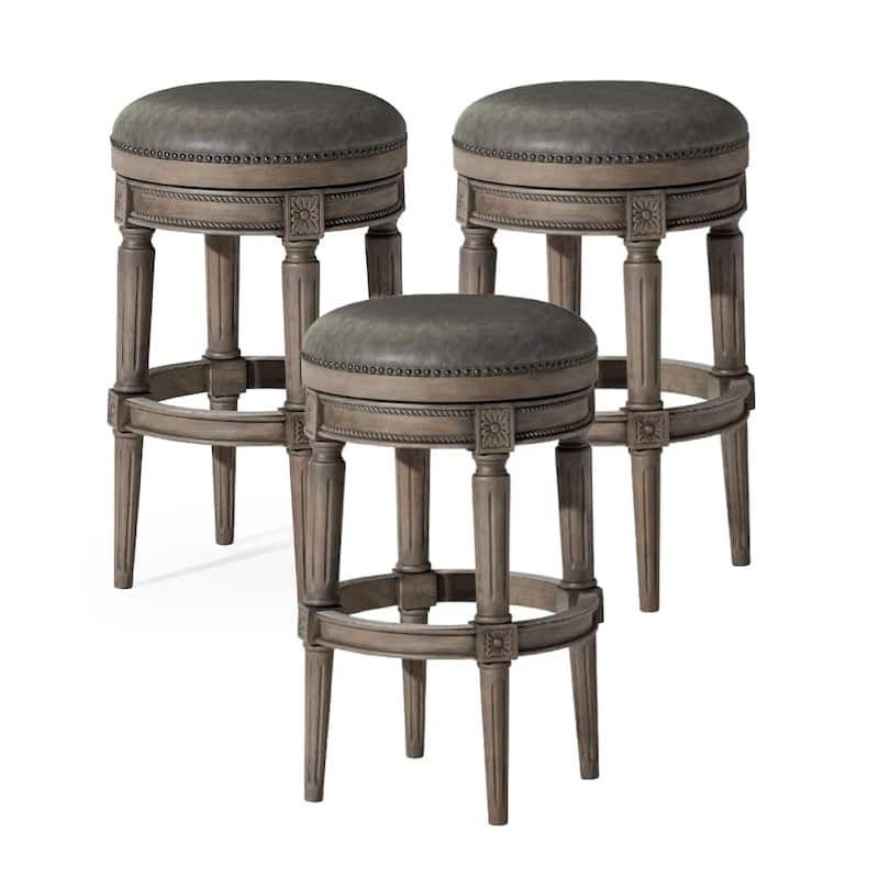 Maven Lane Pullman Backless Swivel Kitchen Stool - Set of 3 - Reclaimed Oak Vegan Leather - Bar Height