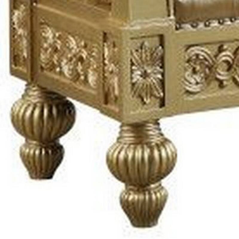 Bench with Button Tufted Seat and Hollow Floral Carving, Gold