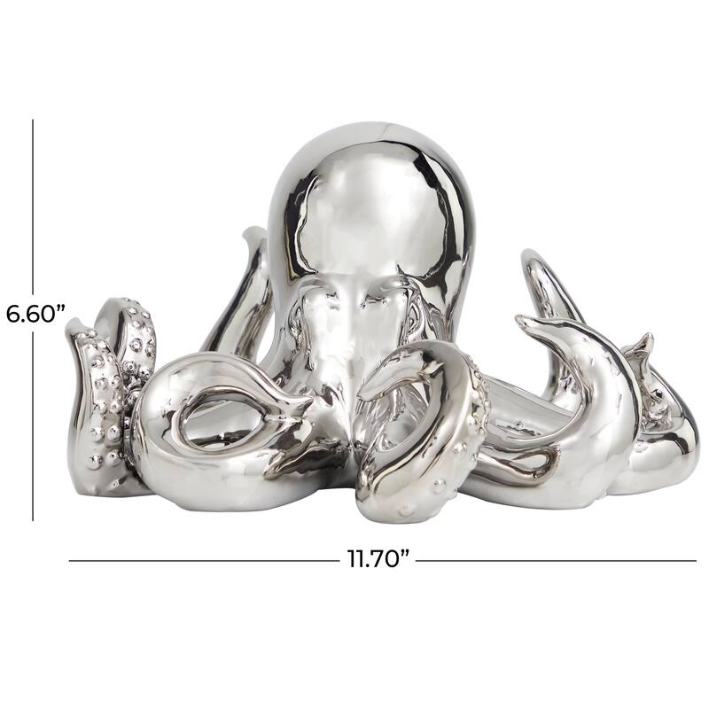 Silver Ceramic Octopus Decorative Sculpture with Textured Tentacles