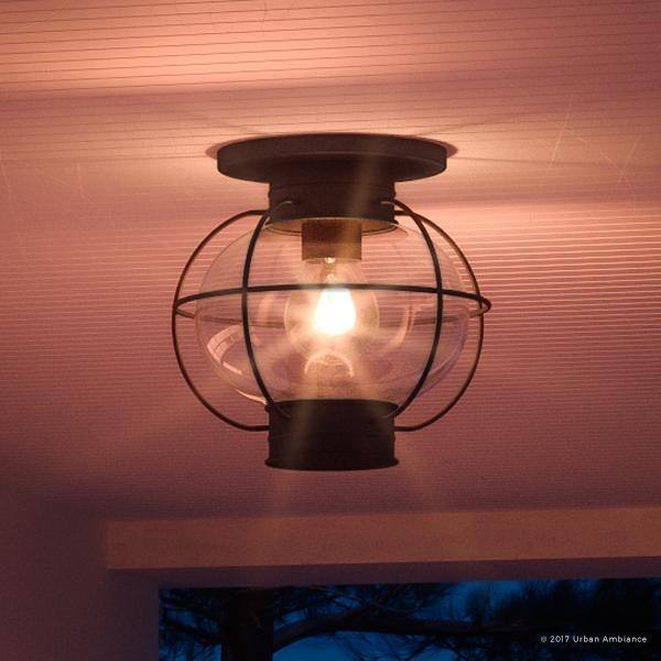 slide 1 of 8, Luxury Nautical Outdoor Ceiling Light, 10.5"H x 11.5"W, with Art Deco Style, Cage Design, Black Silk Finish